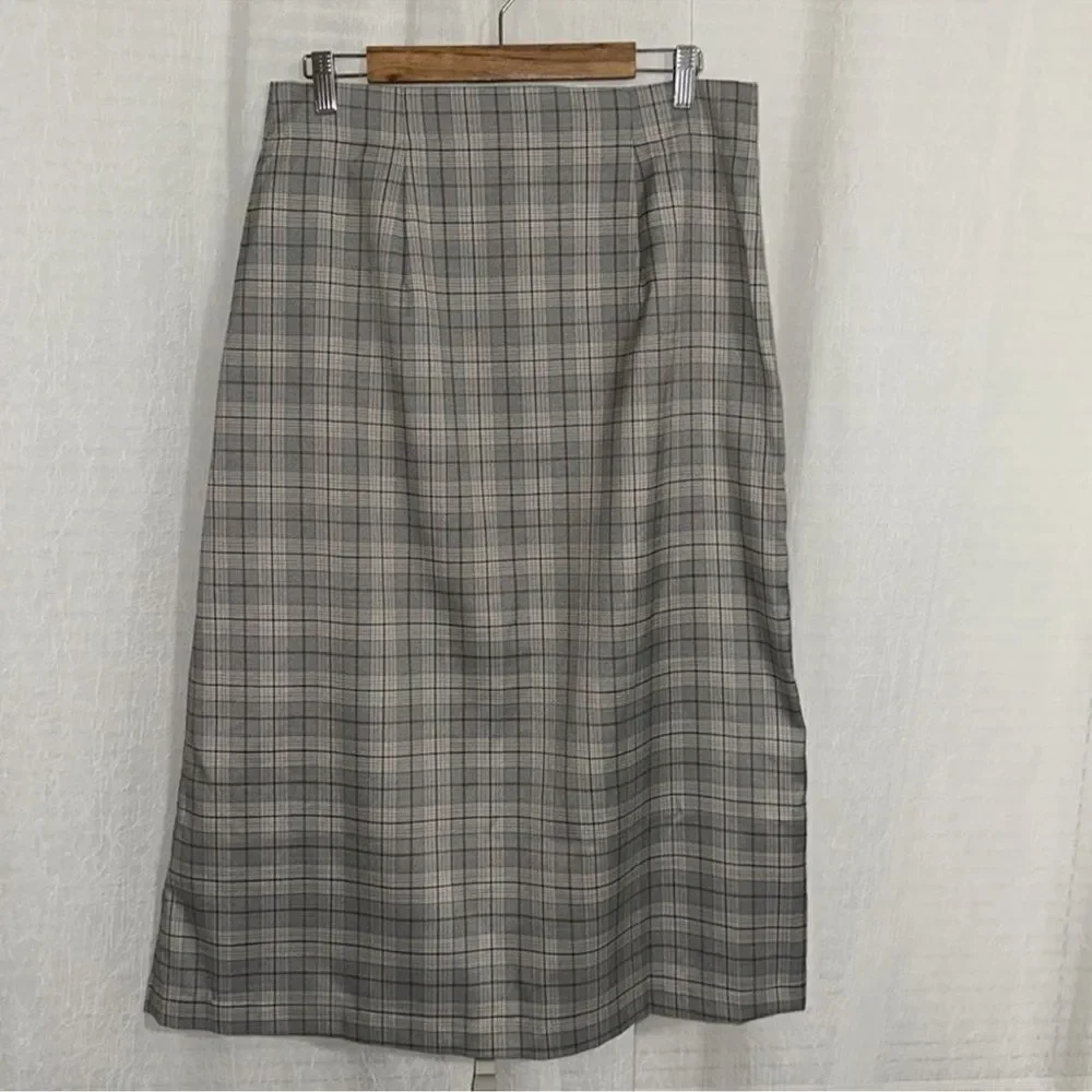 porridge x Anthropologie L Neutral Motif Button Side Plaid Midi Skirt - Picture 7 of 16